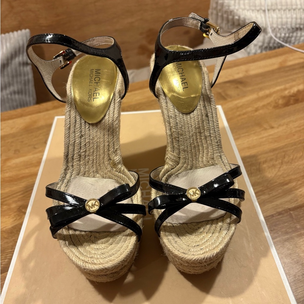 Michael Kors “Josie” Black Patent Wedge Sandals